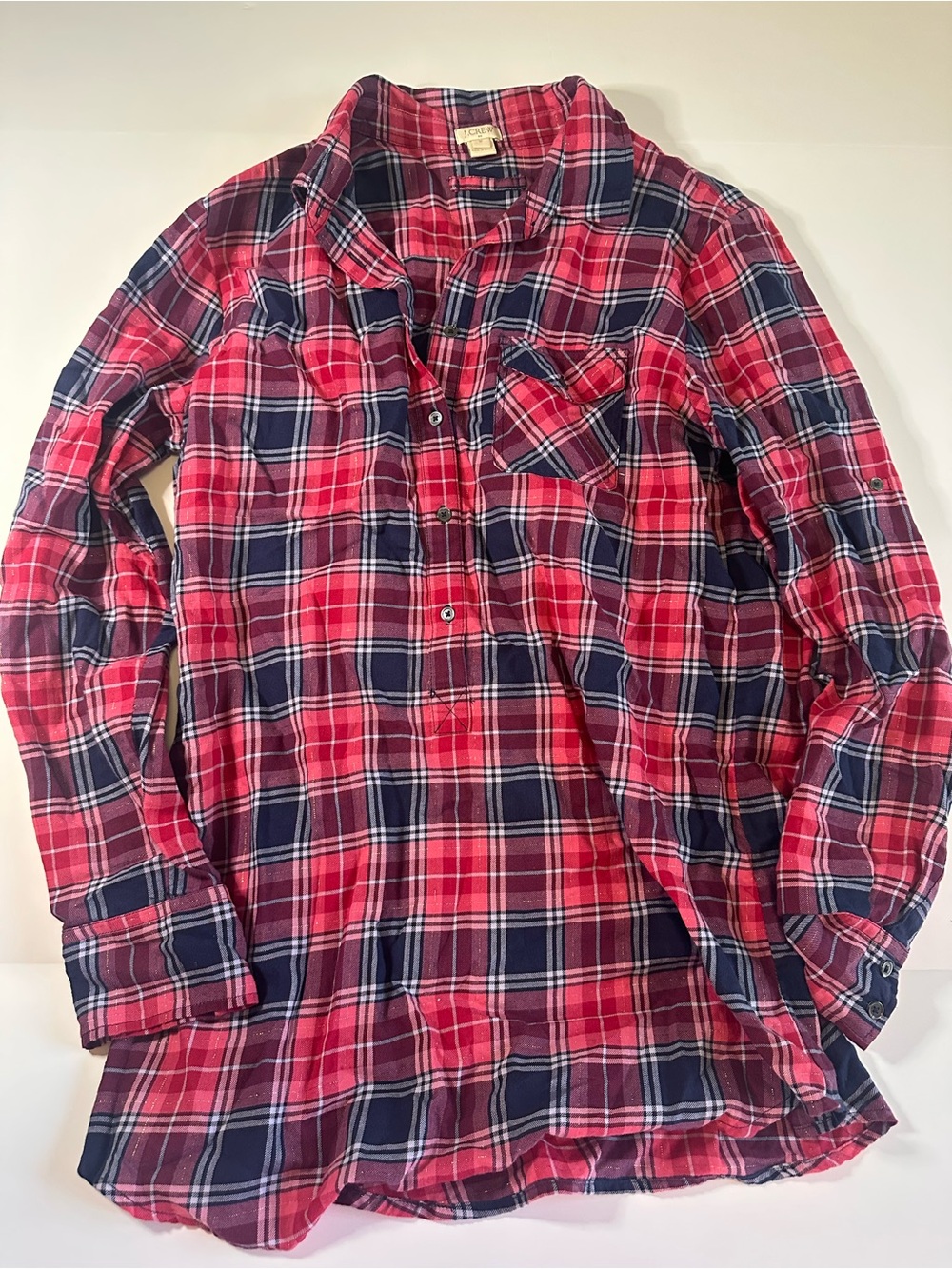 J.Crew Red Navy Plaid Tunic Blouse Shirt Medium
